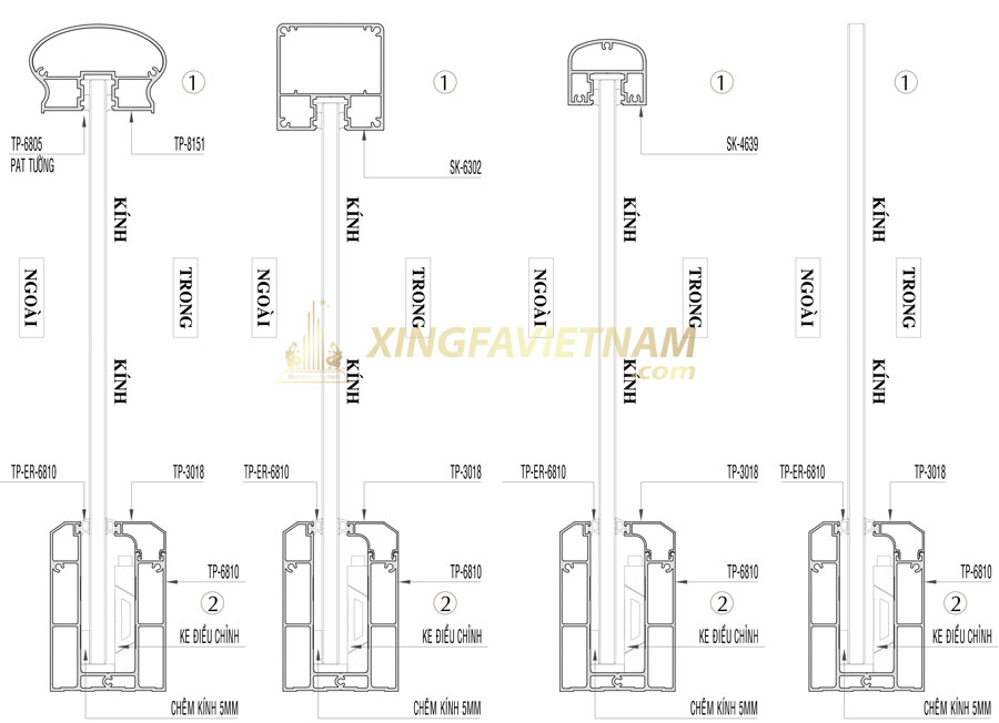 Mặt cắt lan can kính không trụ Xingfa