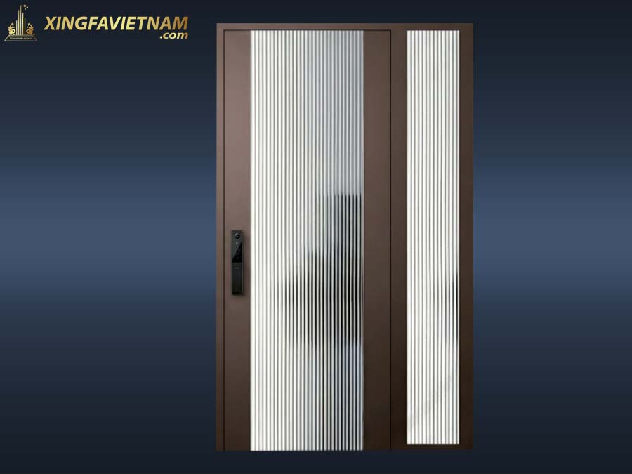 Cửa Chính Biệt Thự Kính Sọc Khung Nâu Đồng GJ-029