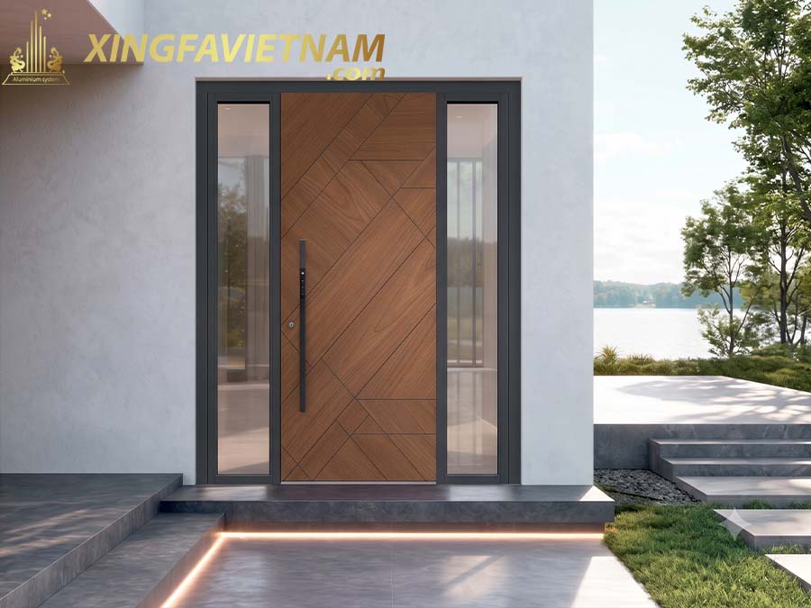 Cửa Chính Biệt Thự Lệch Tâm Hình Học Vân Gỗ GJ-020