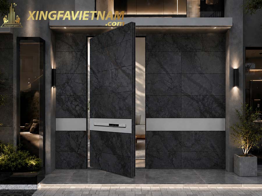 Cửa Chính Biệt Thự Lệch Tâm Đá Marble Đen GJ-022